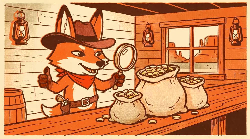 The SwapGun coyote at a trading post counter, checking three sacks of gold coins with a magnifying glass and giving the biggest one a thumbs up